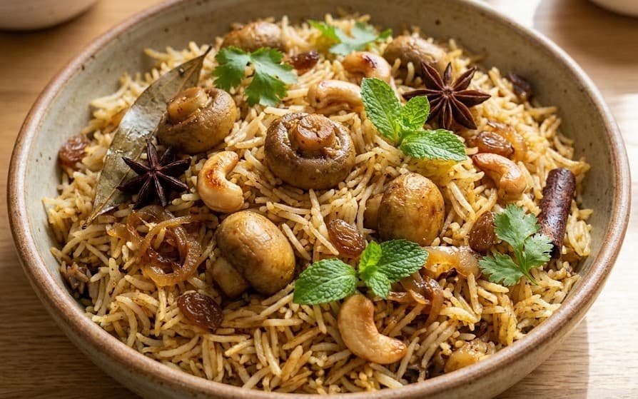 A steaming bowl of A-RICE biryani garnished with fresh mint, cashews and whole spices