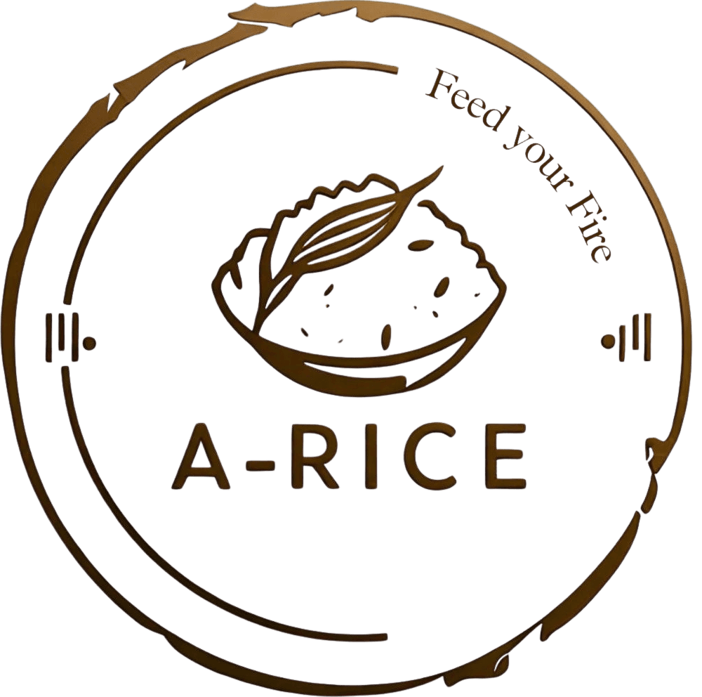 A-RICE badge artwork: a bowl of rice with a rice stalk, encircled by the brand mark and Feed Your Fire script